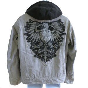 Rising Phoenix Affliction Jacket Gray Canvas Black Fur Lined Thermal Hoodie S